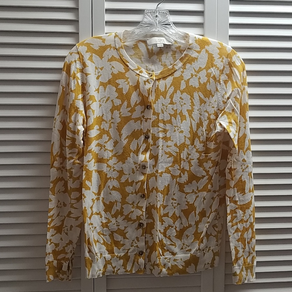LOFT Gold & White Floral Print Cardigan